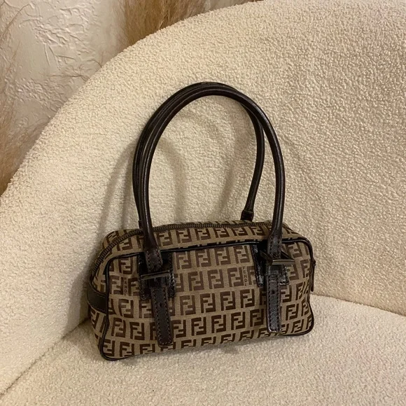 Fendi Zucchino Bauletto Shoulder Bag in Brown and Tan - Picture 4 of 13